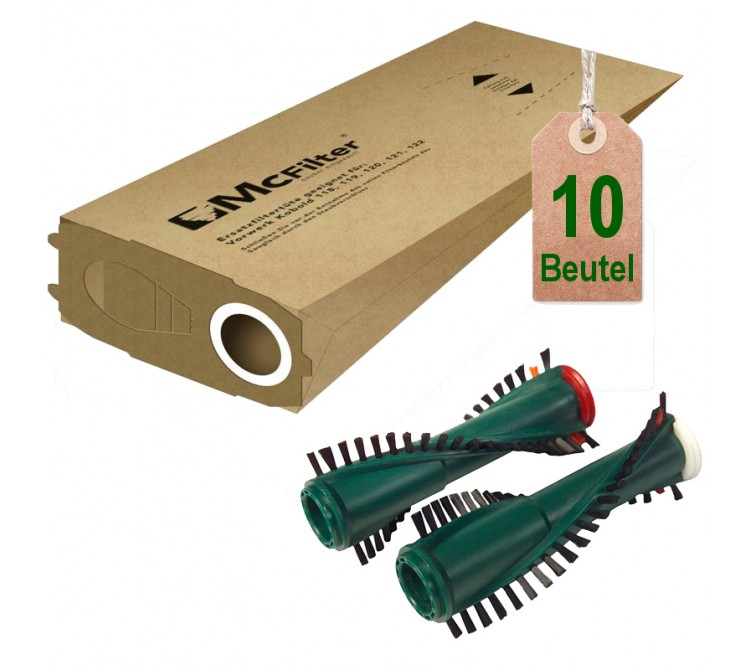 10 Staubsaugerbeutel Filtertüten + BÜRSTEN ET340 für Vorwerk Kobold VK 118 - 122