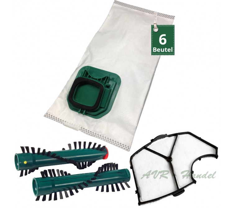Staubsaugerbeutel Bürsten Motorschutzfilter passend für Vorwerk Kobold VK 140 150 (6 Beutel, 1 Paar Bürsten 360, 1 MSF)