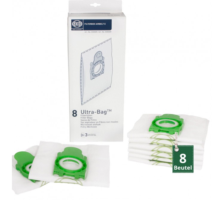 Sebo 8300 ER Filtertüten Staubsaugerbeutel Filterbox für Airbelt E - 8 Stück Ultra-Bag