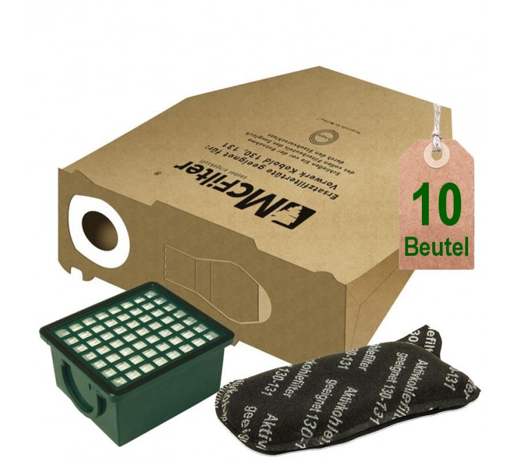 10 Staubsaugerbeutel Filtertüten und Filterset geeignet für Vorwerk Kobold VK 130 und VK 131
