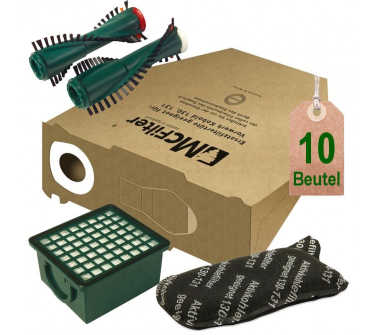10 Staubsaugerbeutel Filtertüten Filterset Bürsten geeignet für Vorwerk Kobold VK 130 und VK 131
